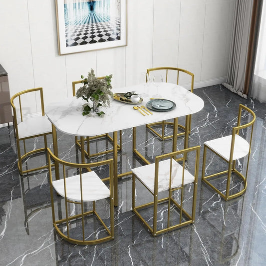 Merax Metal 7 Piece Kitchen Dining Table Set for 6 Faux Marble Dining Table Set Modern Industrial Dining Room Table Set