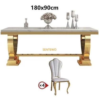 SENTEWO Ensemble de tables et chaises de salle à manger de luxe en marbre avec base en métal émaillé au titane et doré