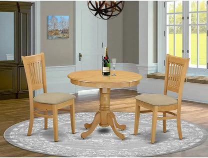 3 Piece Dining Room Furniture Set Contains a Round Dining Table with Pedestal and 2 Wood Seat Chairs, 36x36 Inch, Linen White