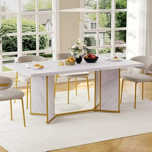 White Marble Wooden Kitchen Table Dining Room Table, Modern Dinner Table with Gold Metel Frame for Kitchen