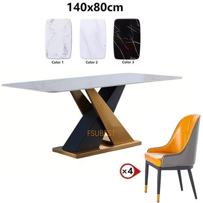 Mesa de comedor y sillas de lujo modernas para 8 personas, mesa de comedor rectangular de acero inoxidable y mármol