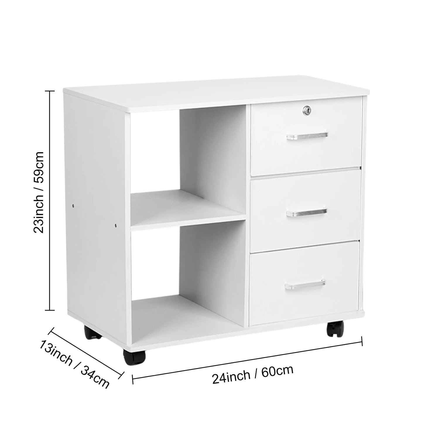 Classeur à 3 tiroirs, support d'imprimante latéral mobile sous le bureau, organisateur en bois avec roulettes, étagères réglables, rangement de la maison