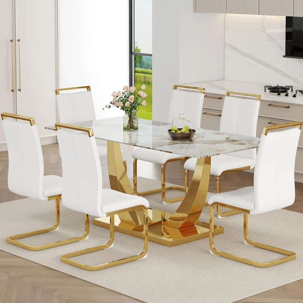 Juego de mesa de comedor de imitación de mármol para 6 personas, mesa de comedor rectangular dorada y 6 sillas de cuero sintético blanco, juego de mesa de vidrio templado de 71"