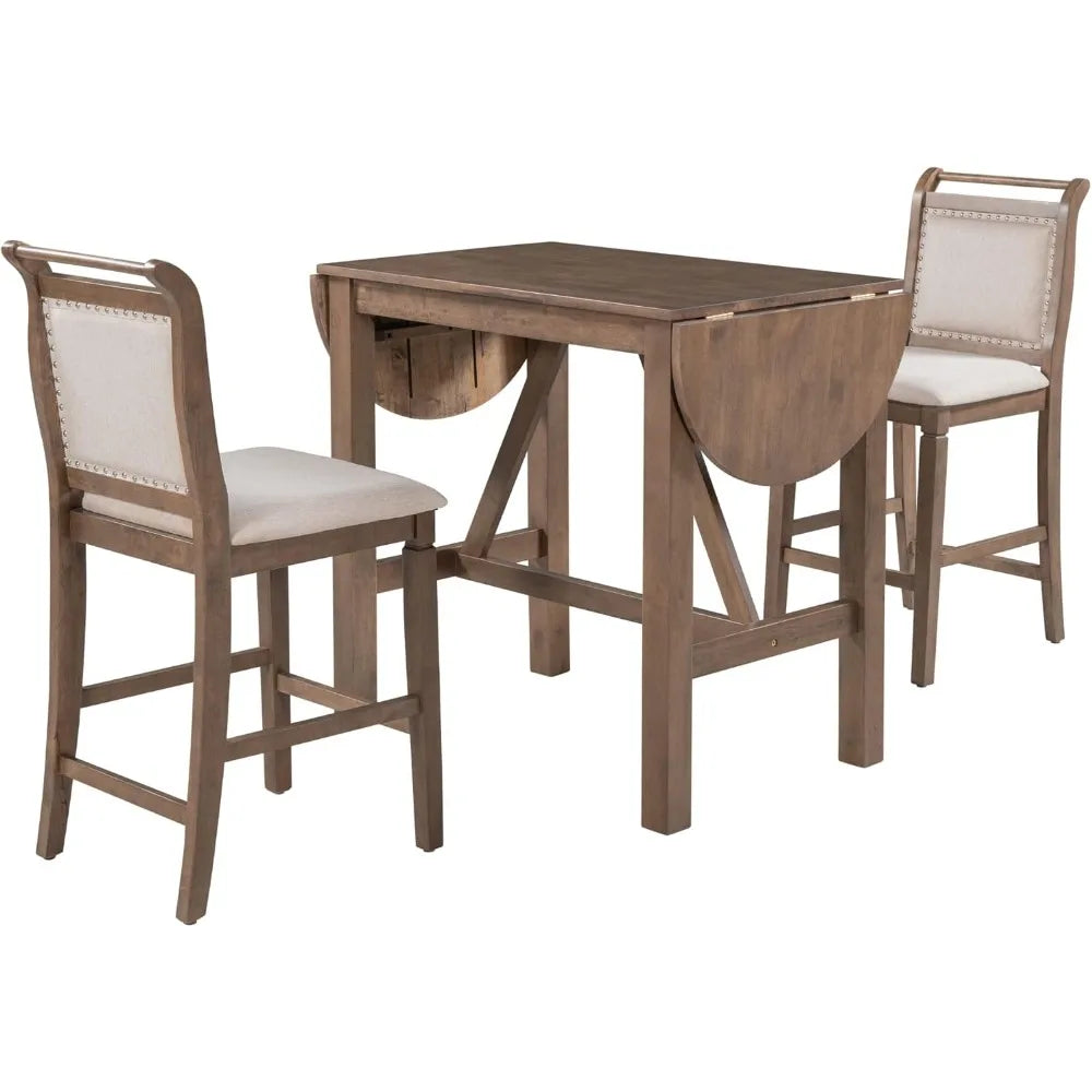 3 Piece Counter Height Kitchen Dining Set with Drop Leaf Dining Table and 2 Dining Padded Chairs, Brown