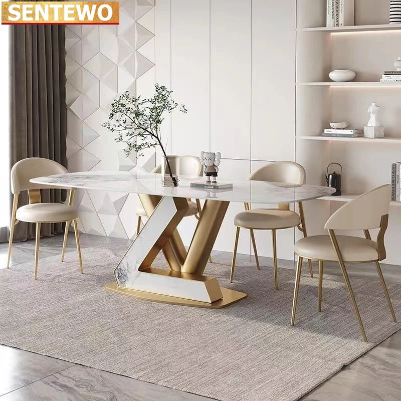 SENTEWO Tables à manger de luxe en marbre italien Ensemble de 4 chaises en métal émaillé titane Base dorée Meubles de maison Chaises Salle