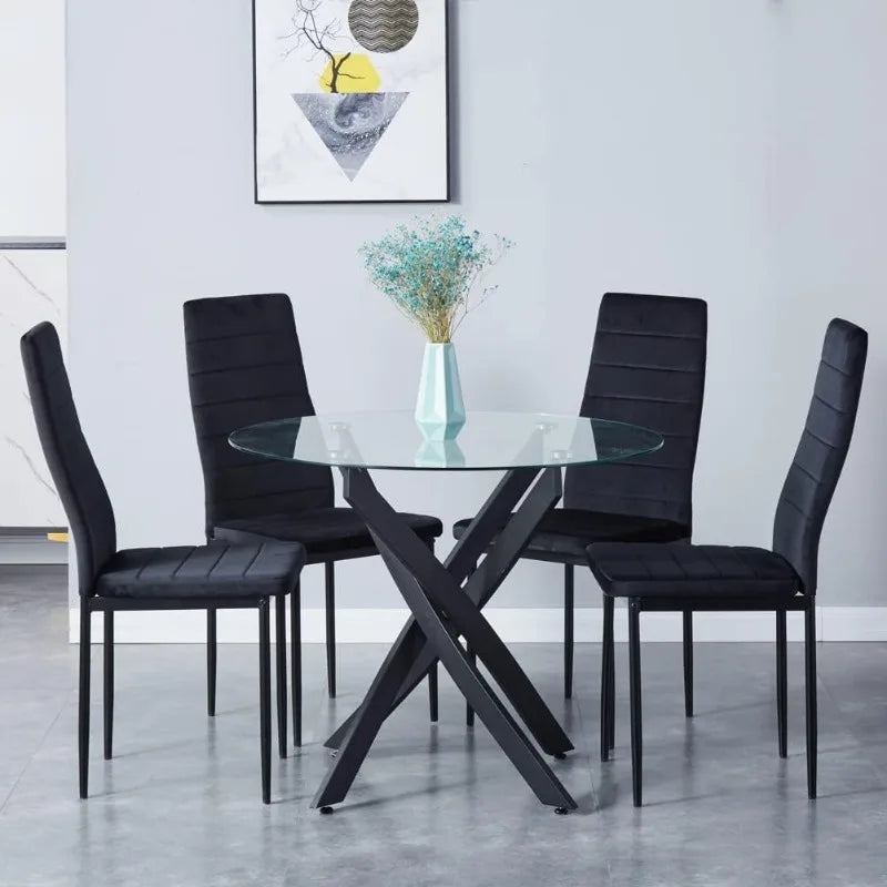 Ensemble de table à manger ronde en verre pour 4 personnes, ensemble de table de cuisine moderne 5 pièces avec 4 chaises rembourrées à dossier haut pour cuisine salle à manger