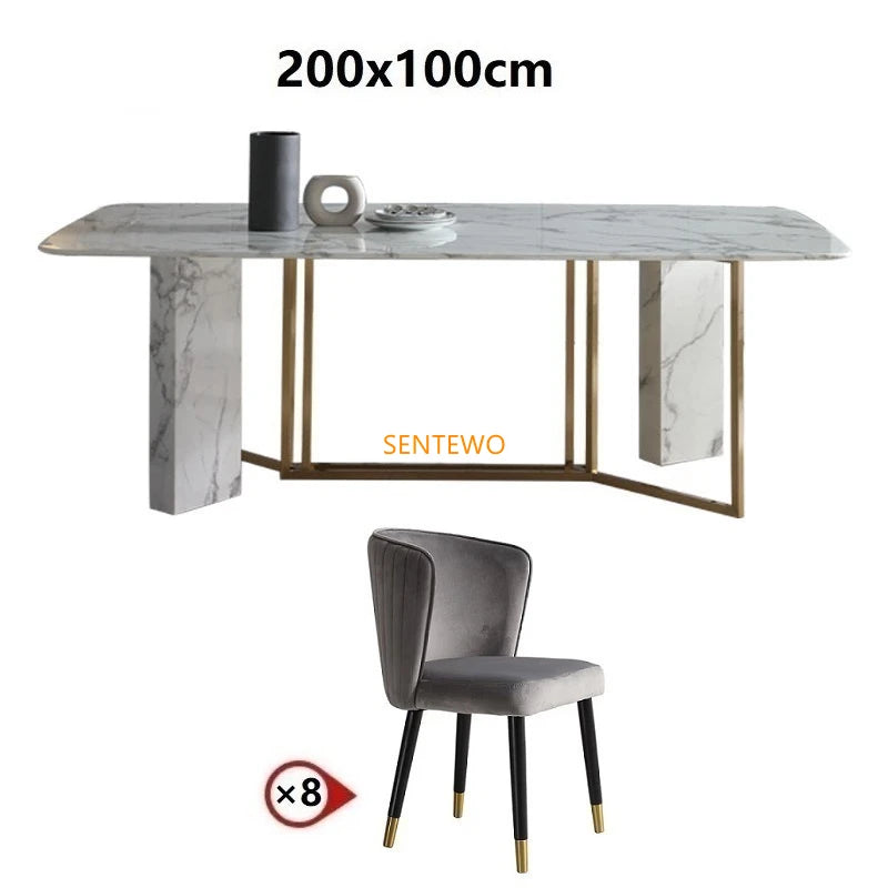 SENTEWO Ensemble de table à manger de cuisine et 6 chaises de luxe en marbre italien avec base en acier inoxydable doré