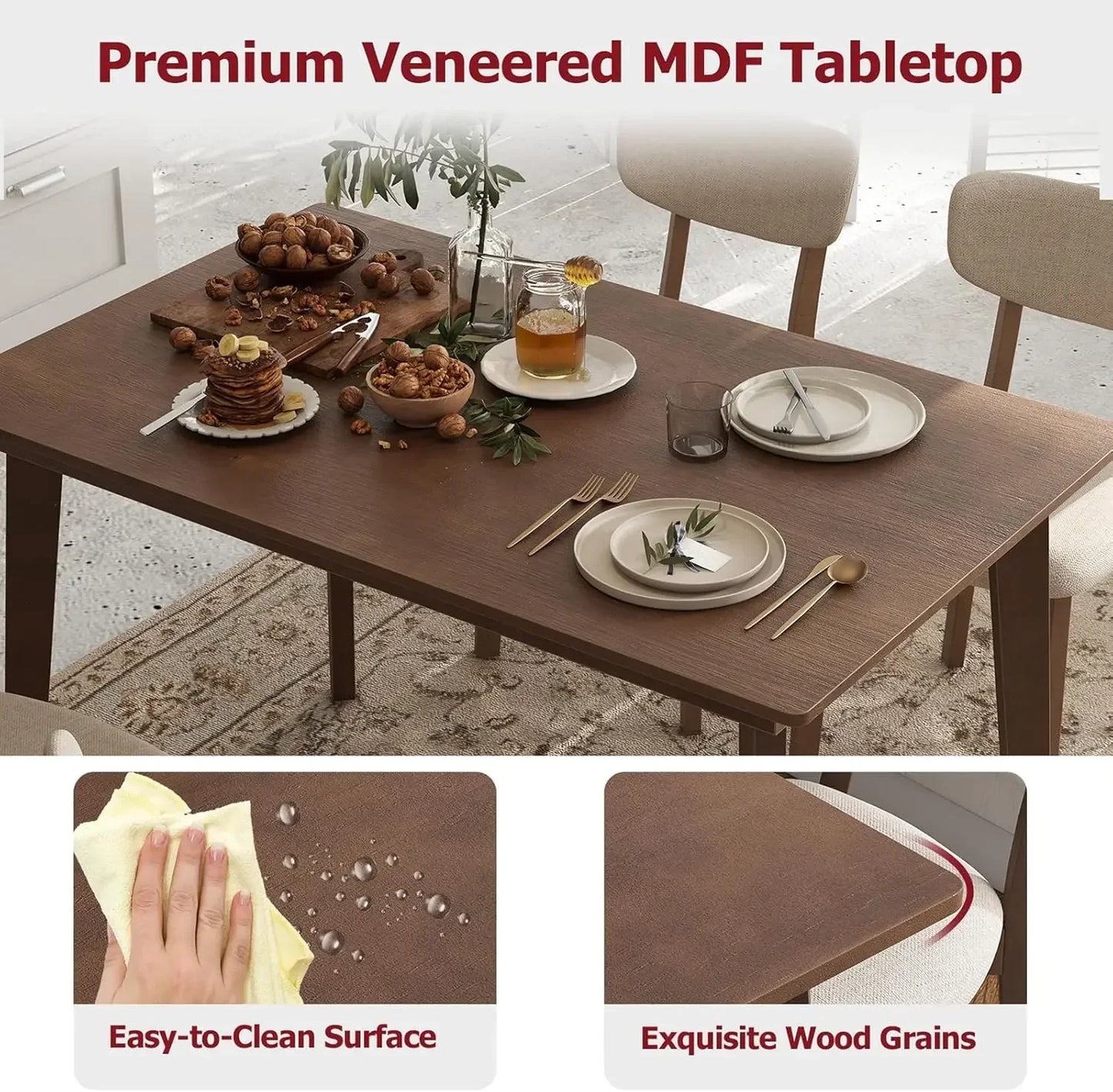 Ensemble de table à manger pour 4 personnes, ensemble de dinette avec table et 4 sièges rembourrés, pieds en bois d'hévéa, dossier incurvé, salle à manger