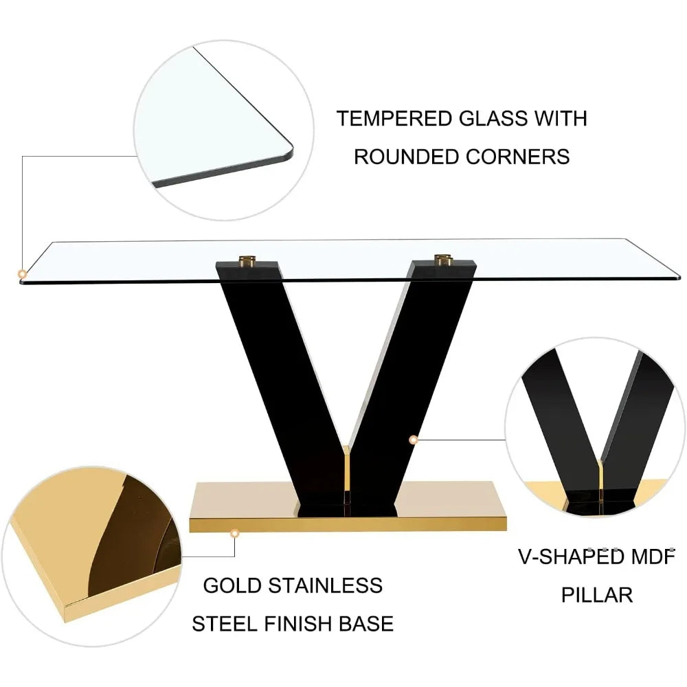 Juego de mesa de comedor para 8 personas, juego de mesa de comedor de vidrio dorado, mesa y 8 sillas de comedor tapizadas de cuero sintético, escritorio de comedor grande de 71''