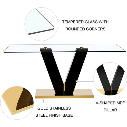 Juego de mesa de comedor para 8 personas, juego de mesa de comedor de vidrio dorado, mesa y 8 sillas de comedor tapizadas de cuero sintético, escritorio de comedor grande de 71''