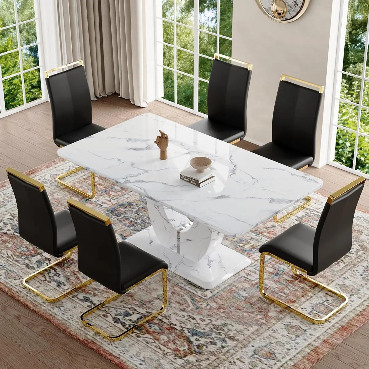 Juego de mesa de comedor de 6 piezas, juego de mesa de comedor de imitación de mármol blanco de 6 piezas, juego de mesa de cocina rectangular de 63 pulgadas, juego de 6 sillas para comedor, cocina y sala de estar