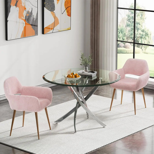 36"" Modern Dining Table Set Of 2, Tempered Glass Round Dining Table And 2 Pink Fur Dining Chairs, Luxury Kitchen Table With