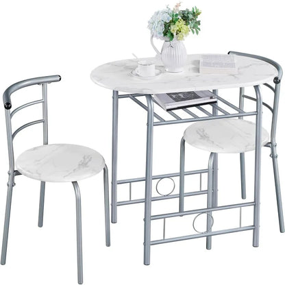 3-Piece Dining Table Set, Small Kitchen Breakfast Bistro Table Set for 2,  with Metal Frame and Storage Rack for Small Space