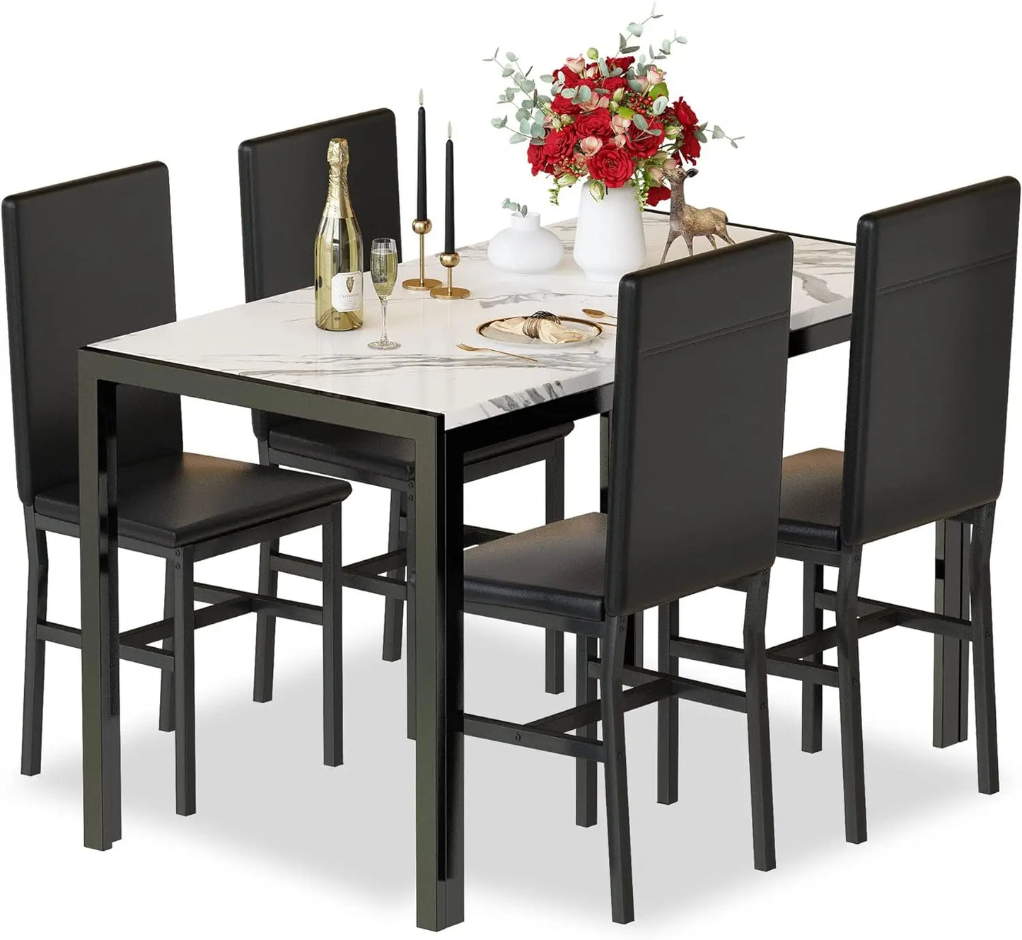 Ensemble de table à manger pour 4 personnes, ensemble de table et de chaises de cuisine moderne de 4 pièces, ensemble de table de salle à manger peu encombrante de 5 pièces avec plateau en faux marbre