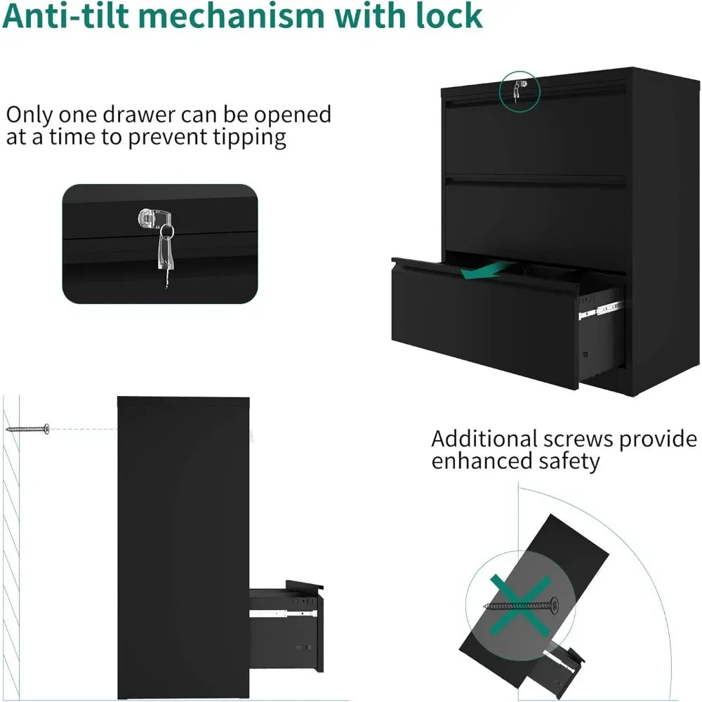 3 Drawer Lateral File Cabinet with Lock, Metal Stainless Steel Wide Lateral Filing Cabinet for Legal/Letter A4 Size