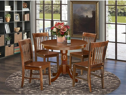 El juego de comedor de 5 piezas ANNO5-MAH-W de East West Furniture incluye una mesa de comedor redonda con pedestal y 4 sillas con asiento de madera.