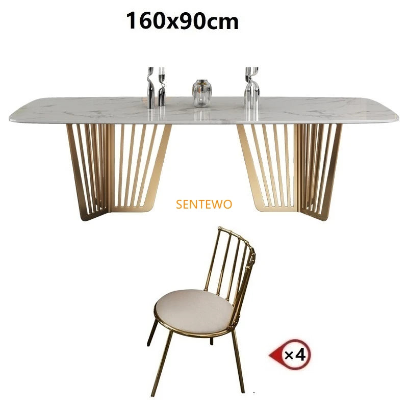 Mesa de comedor de cocina de mármol de lujo SENTEWO con juego de 8 sillas, mesa de comedor con base de metal esmaltado de titanio, mesas con 4 sillas