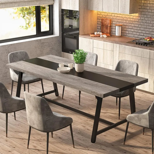 Mesa de comedor para 8 personas, mesa de cocina rectangular de madera de 70,87 pulgadas con marco de metal, mesa de comedor larga (gris, sin silla)