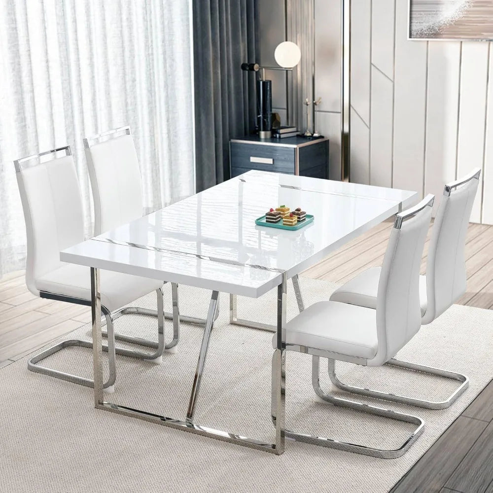 Juego de mesa de comedor para 4, mesa de cocina de MDF rectangular blanca y juego de 4 sillas de comedor de cuero, juego de mesa de comedor de 5 piezas