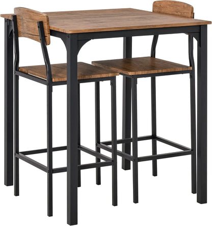 3 Piece Industrial Counter Height Dining Table Set, Bar Table & Chairs with Steel Legs & Footrests