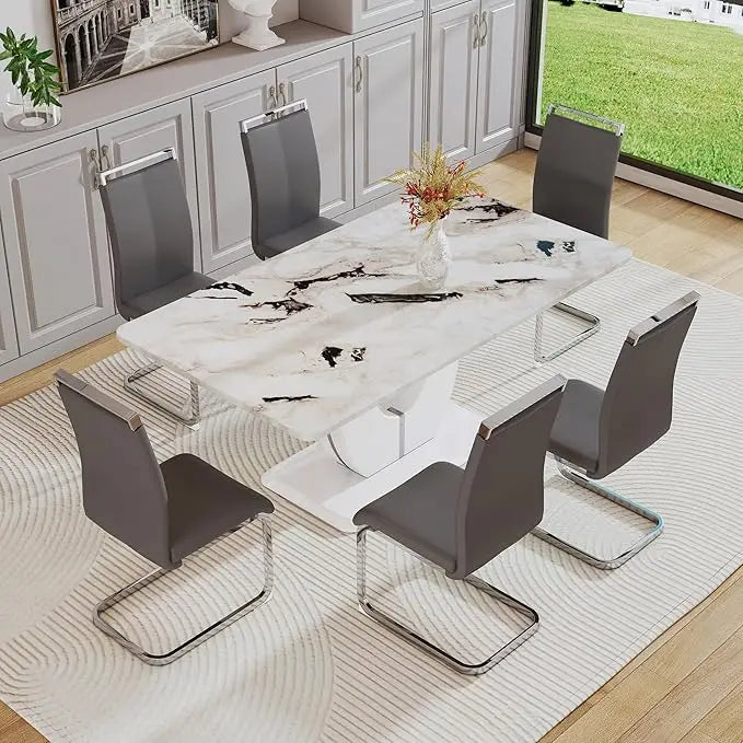 Juego de mesa de comedor moderna para 6 personas, juego de mesa de comedor de imitación de mármol blanco para 6 personas, juego de 6 sillas de cocina rectangulares de 63"