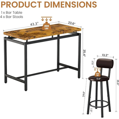 Juego de mesa de comedor para 4 personas, mesa de bar y sillas para 4 personas, mesa de comedor de altura de mostrador, 4 taburetes con respaldo tapizado de cuero de PU