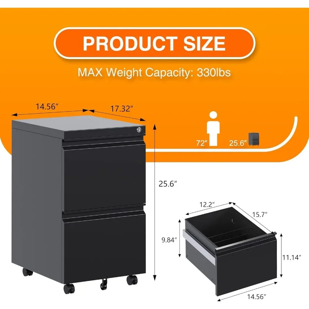 Archivador móvil de metal con 2 cajones y cerradura, archivador de acero para debajo del escritorio, 25,6'' de alto, tamaño legal