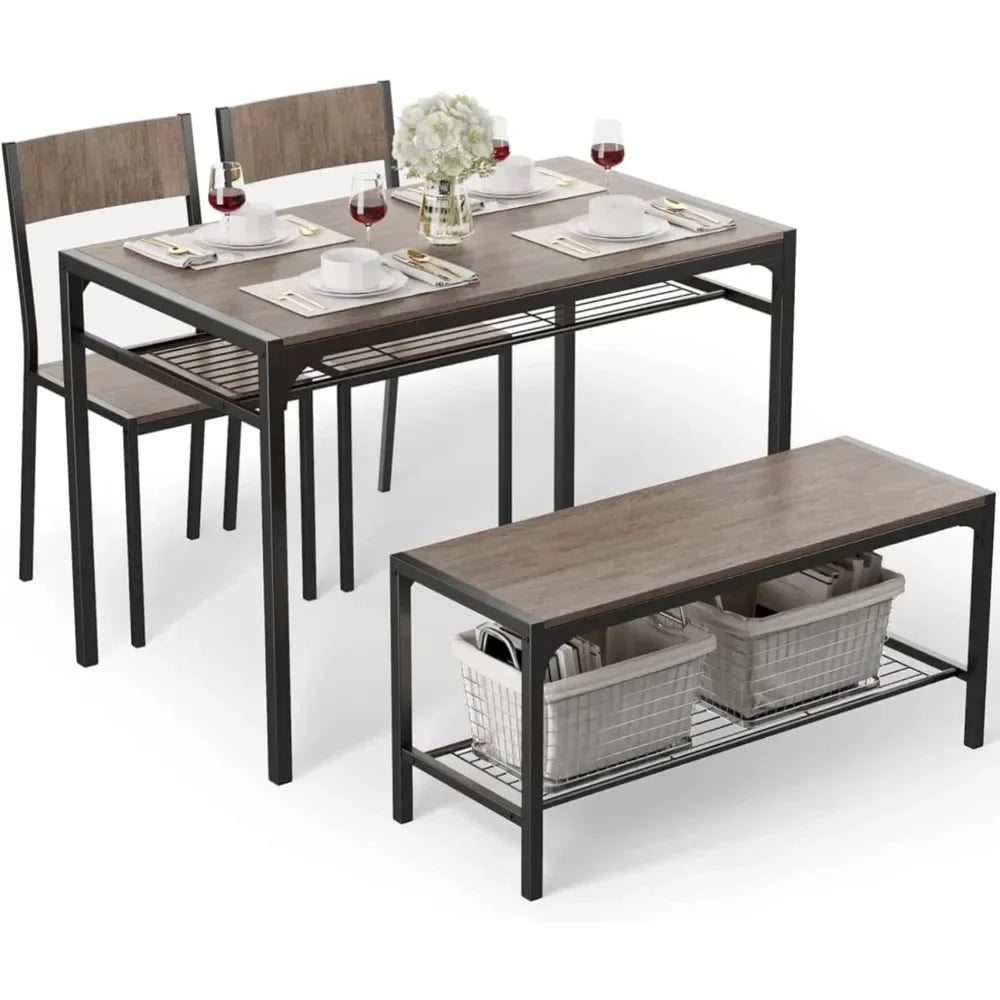 Juego de mesa de cocina moderna y 2 sillas para 4 personas con banco, juego de mesa de comedor rectangular de 4 piezas con almacenamiento para espacios pequeños, apartamentos