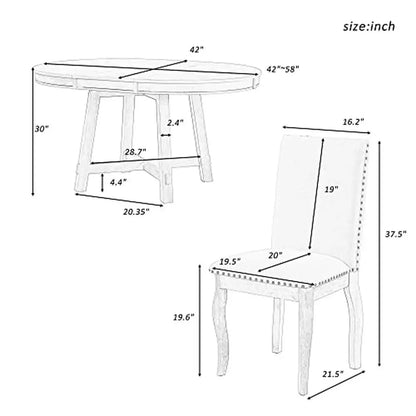 Mesa de comedor redonda extensible con 4 sillas tapizadas, elegante mobiliario de cocina de estilo rústico