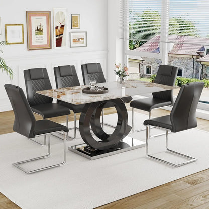 Juego de mesa de comedor para 6 personas, tablero de vidrio y base de MDF, mesa de comedor rectangular con 6 sillas de comedor tapizadas de cuero PU