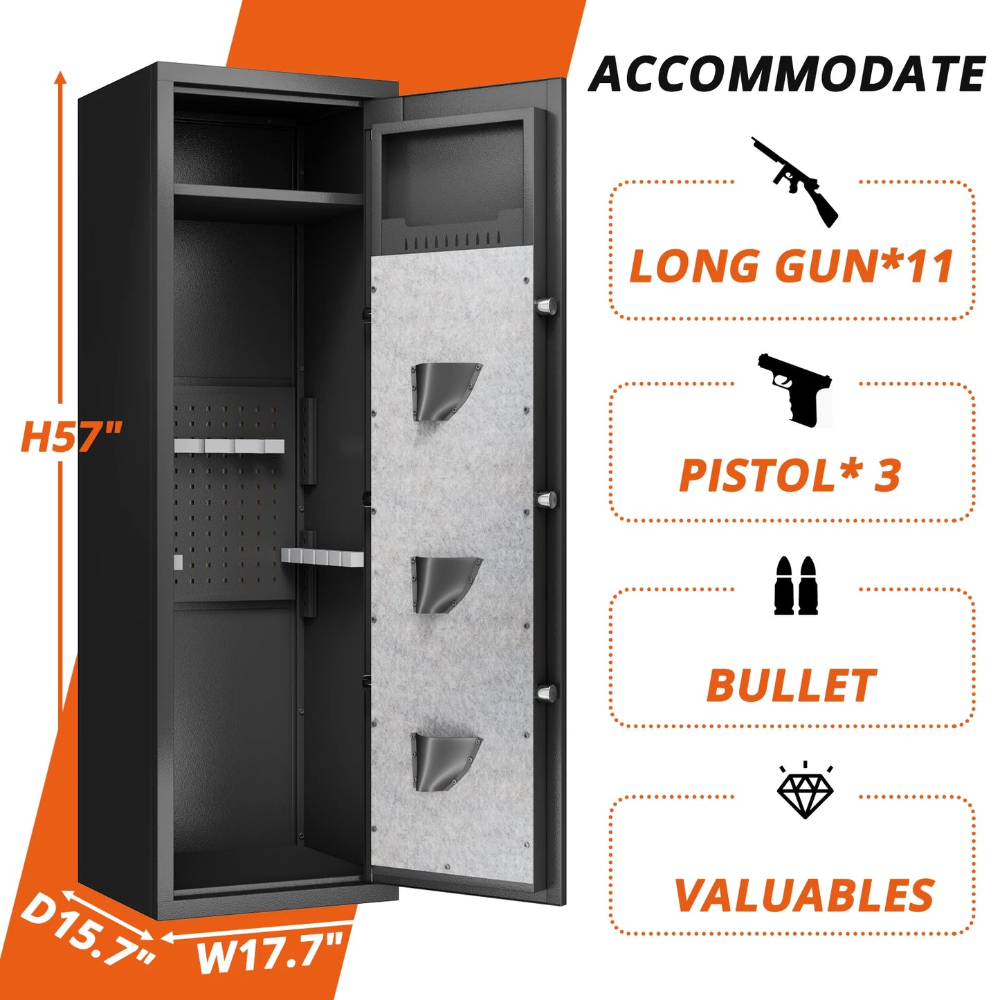 Armoire de sécurité pour 10 à 15 armes à feu avec 3 pochettes pour pistolets, armoire biométrique de grande taille, casier pour armes à feu robuste et haut pour la maison, fusil, pistolet