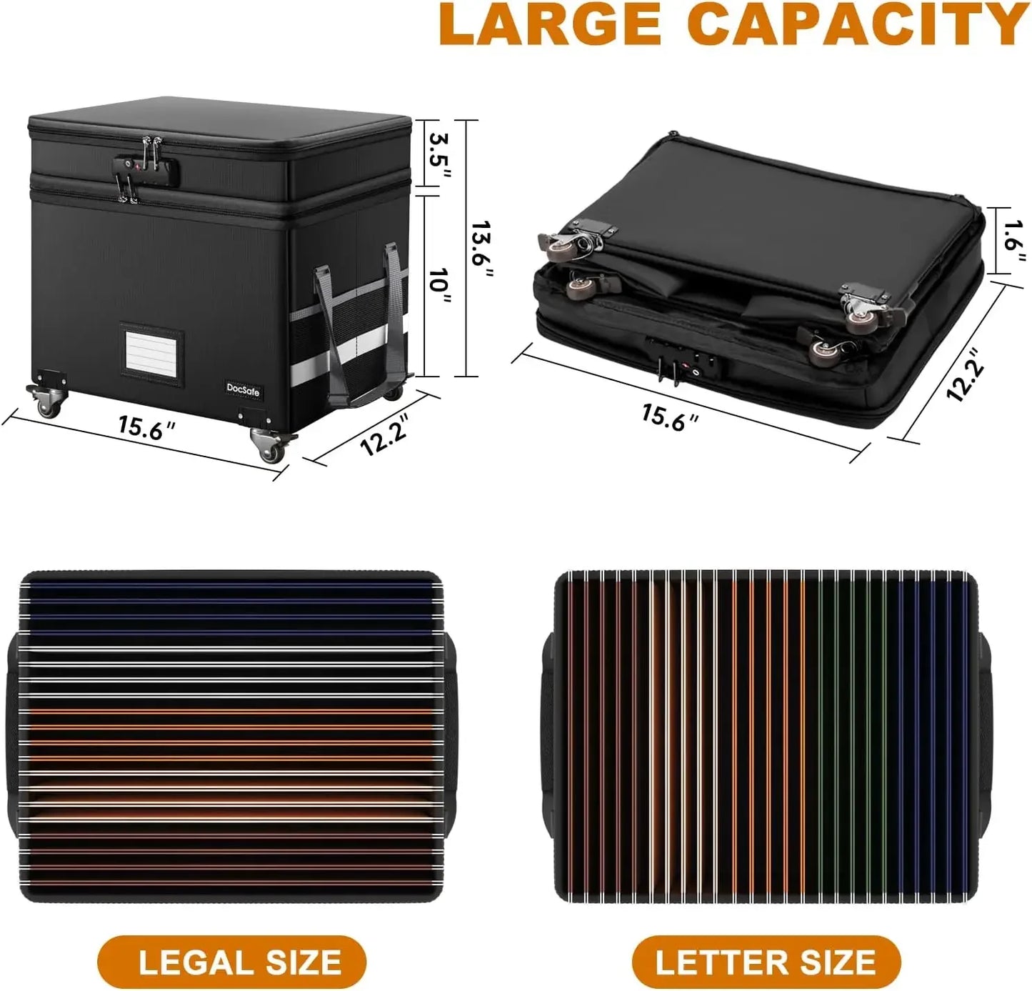 File Box with Lock, Multi-Layer Fireproof Document Box with Wheels,Collapsible Rolling File Storage Organizer Box with Pockets