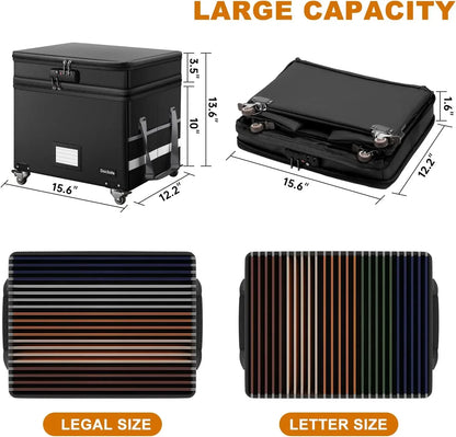 File Box with Lock, Multi-Layer Fireproof Document Box with Wheels,Collapsible Rolling File Storage Organizer Box with Pockets