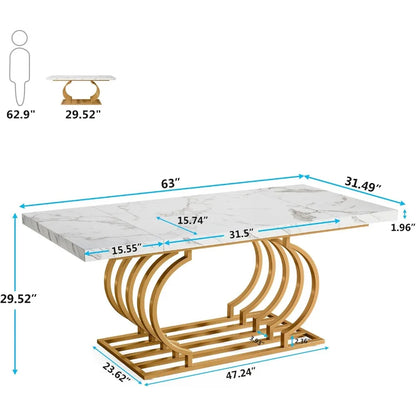 Modern Dining Table, 63 inch Faux Marble Wood Kitchen Table for 6 People, Rectangular Dinner Room Table with Geometric Frame