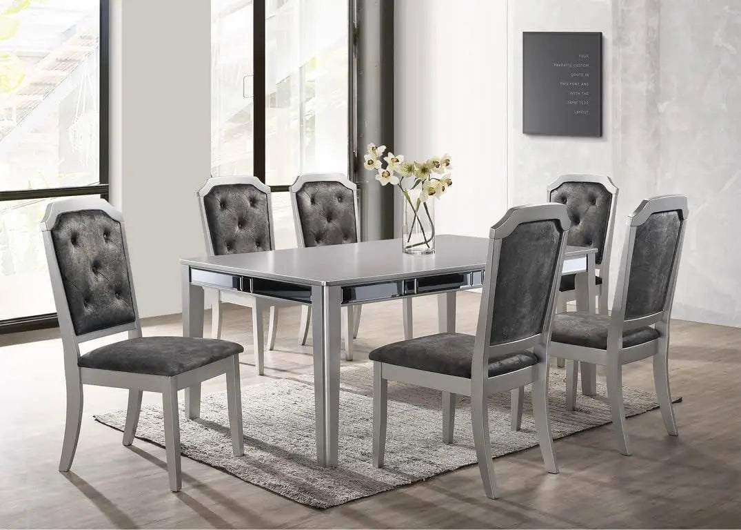 Juego de mesa de comedor para 6 personas, mesa de comedor rectangular con borde de espejo plateado y silla con botones en color champán, juego de muebles de lujo