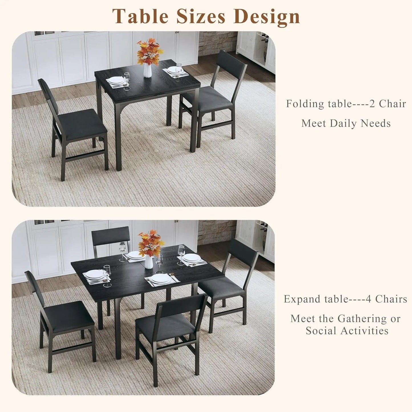 Ensemble de table à manger pour 4 personnes, ensemble de 4 chaises de coussin de table de cuisine extensible, table à manger rectangulaire avec cadre en métal