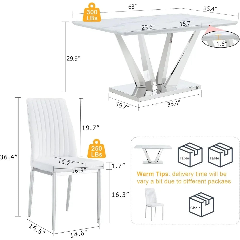 Juego de mesa de comedor para 6 personas, mesas de cocina blancas, juego de mesas de comedor de 6 asientos con base de acero inoxidable, mesa de comedor con sillas