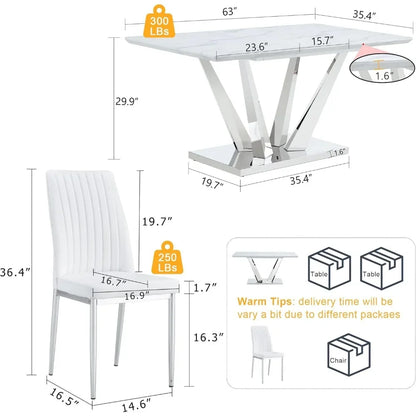 Juego de mesa de comedor para 6 personas, mesas de cocina blancas, juego de mesas de comedor de 6 asientos con base de acero inoxidable, mesa de comedor con sillas