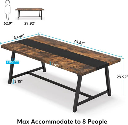 Mesa de comedor para 8 personas, mesa de cocina rectangular de madera de 70,87 pulgadas con marco de metal resistente, mesa de comedor industrial grande y larga