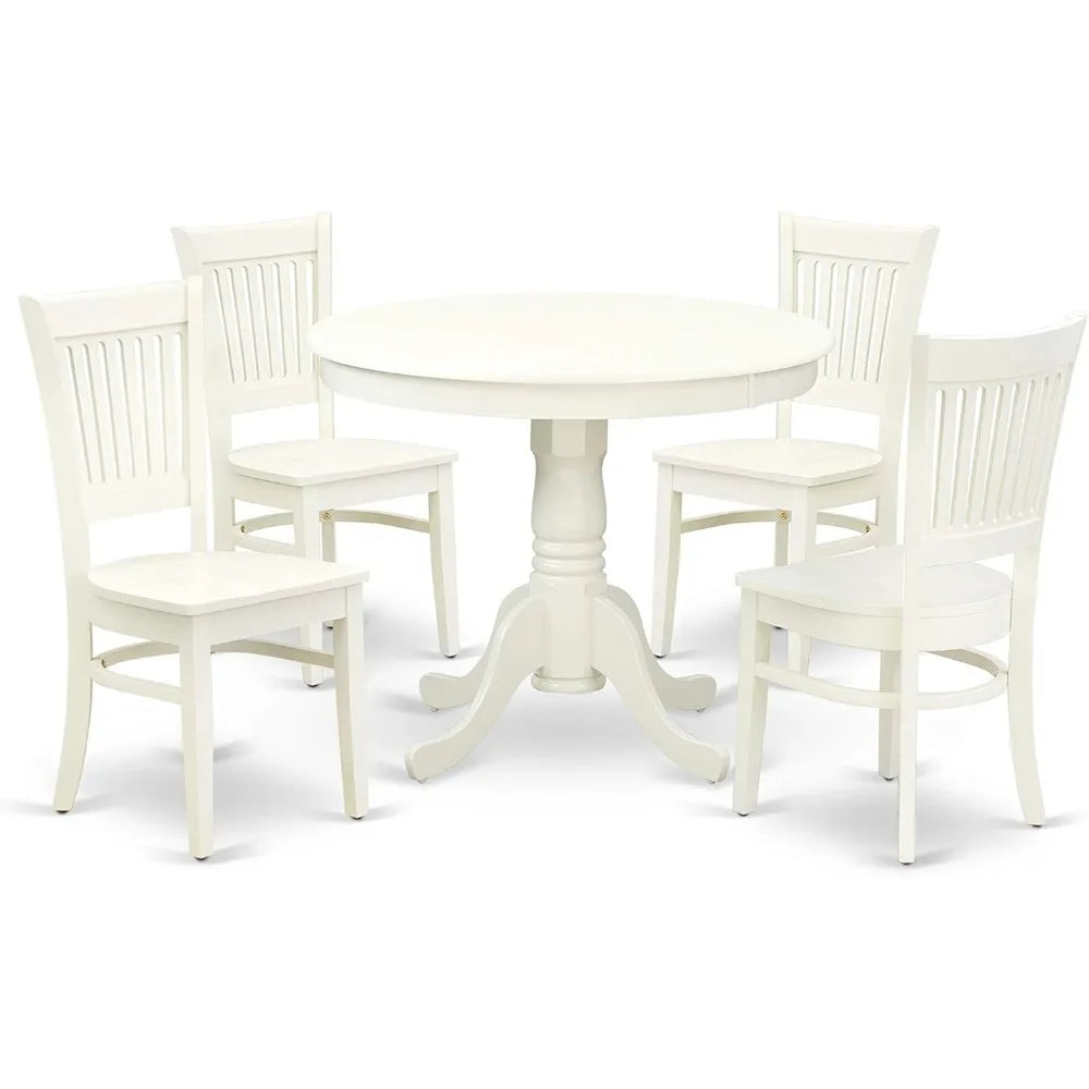 Ensembles de salle à manger, 5 pièces pour 4 personnes, une table ronde avec une base et 4 sièges en bois massif blanc lin 36x36, ensembles de salle à manger.