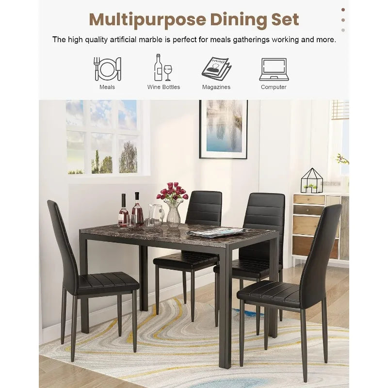 Recaceik Furniture 5 Piece Faux Dining Set, Modern Kitchen Table Marble Top and High Chairs for Breakfast Nook Small Spaces()