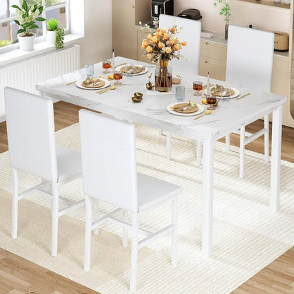 Ensemble de table à manger pour 4 personnes Table de cuisine peu encombrante et chaises pour 4 personnes, ensemble de table de salle à manger en faux marbre 5 pièces avec 4 chaises en cuir PU