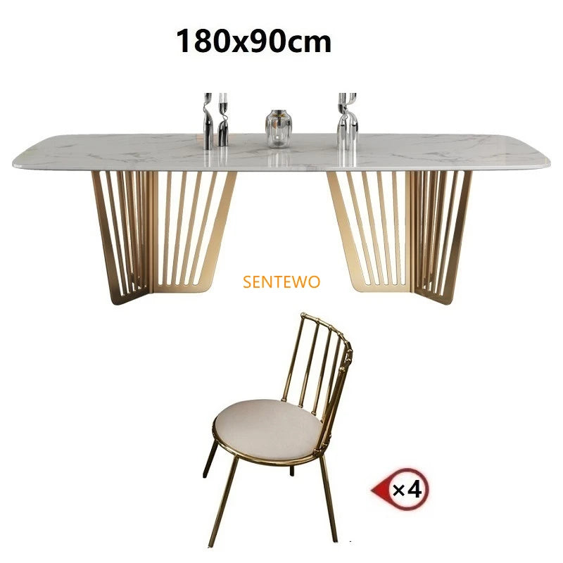 Mesa de comedor de cocina de mármol de lujo SENTEWO con juego de 8 sillas, mesa de comedor con base de metal esmaltado de titanio, mesas con 4 sillas