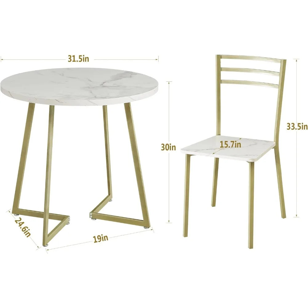 Juego de mesa de comedor redonda pequeña para 2, tablero de madera marmolada, comedor moderno con sillas para cocina, desayunador, sala de estar