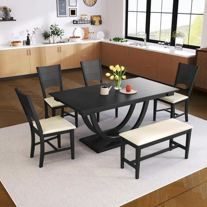 Juego de mesa de comedor para 6 personas, mesa de comedor rectangular con 4 sillas tapizadas y un banco, juego de sillas de mesa de cocina de madera