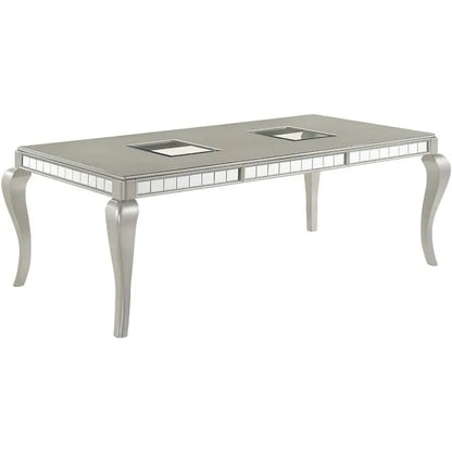 Juego de mesa de comedor para 6 personas, mesa de comedor rectangular con borde de espejo plateado y silla con botones en color champán, juego de muebles de lujo