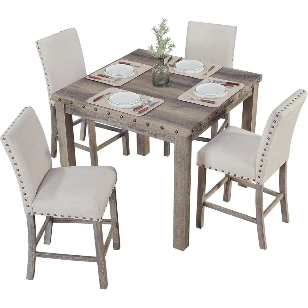 Ensemble de table à manger pour 4 personnes, comprenant une table et 4 sièges rembourrés moelleux avec des accents de clous, ensemble de salle à manger de ferme 5 pièces