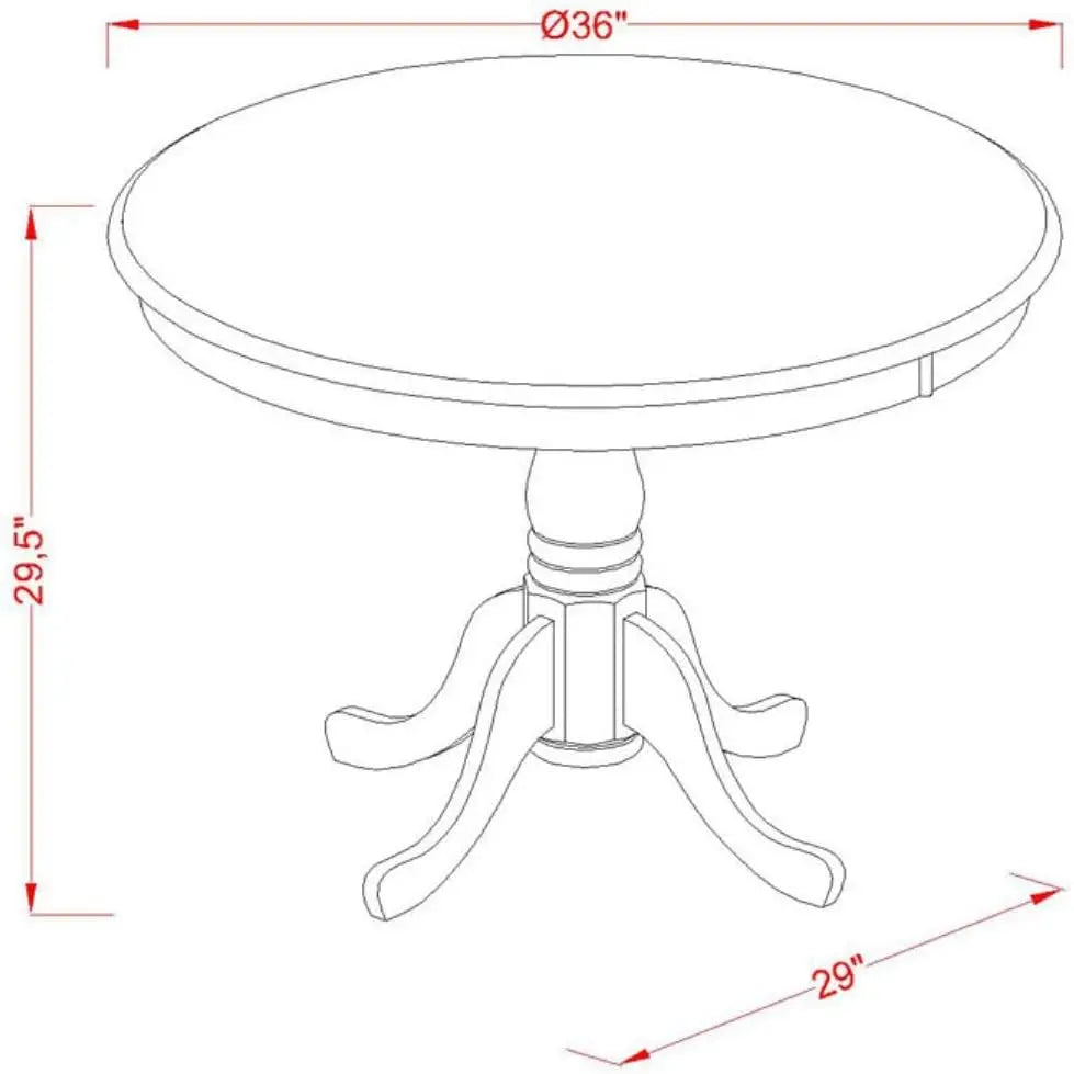 El juego de comedor de 5 piezas ANNO5-MAH-W de East West Furniture incluye una mesa de comedor redonda con pedestal y 4 sillas con asiento de madera.