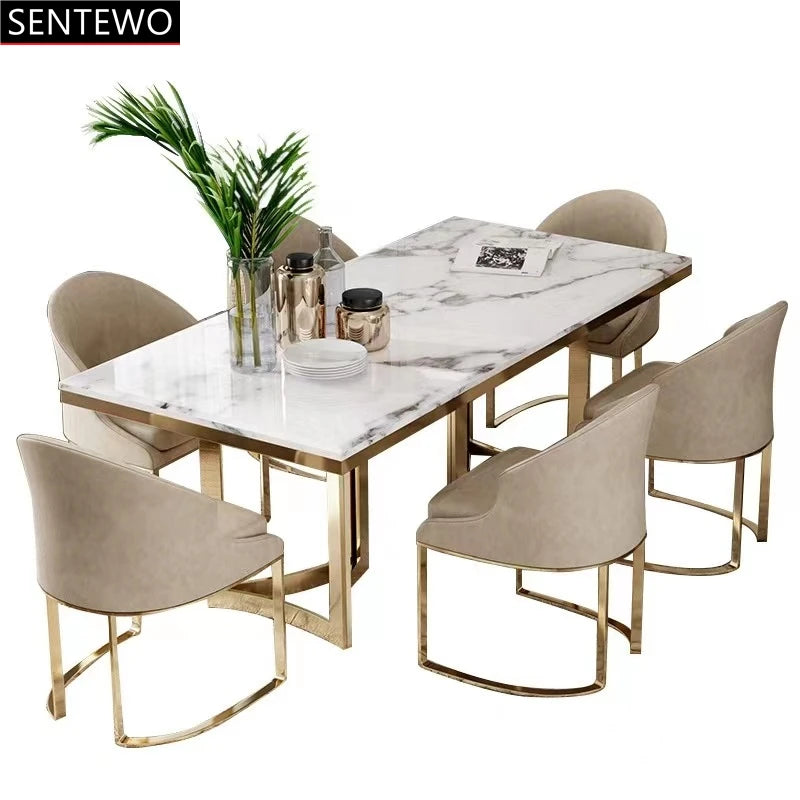 SENTEWO Ensemble de table à manger de cuisine en marbre de luxe italien avec 4 chaises et cadre doré en métal émaillé titane pour table à manger Mesa Jantar