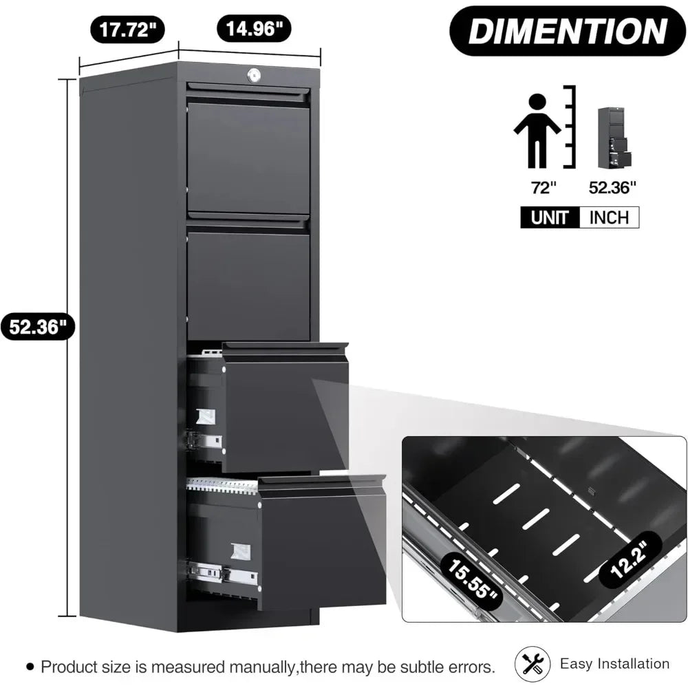 4 Drawer File Cabinet,Filing Cabinet with Lock for Hanging Letter/Legal Folders,Assembly Required,Black,18" D x 15" W x 52" H